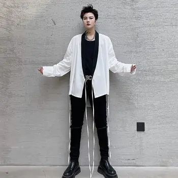 IEFB korea Fashion Streetwear Sidemega Valge Särk Meeste Pits Kuni 2021. Aasta Kevad-Suvel Uus Pikad Varrukad Mood Loosecasual Tops
