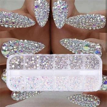 Nail Art Rhinestone 3D Glitter AB Crystal Teemant, Pärl 3D Glitter Nail Art Kaunistamiseks Naeltega, Tarvikud, 12 Box/Set