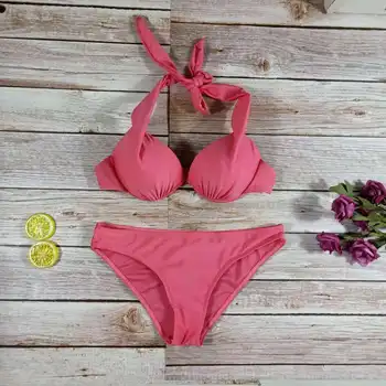 2021 Euroopa Hot sexy Bikini Rippus Kaelas Puhta Värvi Karpi Pakett Koos Lõhustumine Ujumistrikoo Naine Liivaga Rand