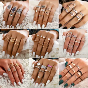 8 Stiile Trendikas Vintage Boho Vait Sõrmus Komplekt Naistele Crystal Geomeetriline Sõrmustes Tarvikud Ehted
