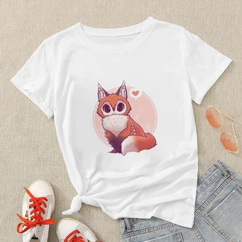 Suvel T-Särk Naiste Uued Tooted Fox Print Kawaii Fashion Style College Tüdruk Naljakas Tshirts 2021 Euroopa Top Esteetiline Riided