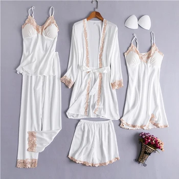 Sleepwear Naiste Pidžaama 5TK Rüü Komplekt Satiin Nightwear Pits Naistepesu Kimono Hommikumantel Kleit Juhuslik Pidžaamad Siserõivad Nightgowns