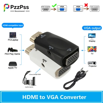 PzzPss HD 1080P HDMI to VGA Adapter (Meeste ja Naiste Audio Kaabel Converter For PC Sülearvuti TV Box Arvuti, Ekraan, Dataprojektor,