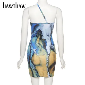 Hawthaw Naiste Suve Mood Ühe Õla Varrukateta Bodycon Trükitud Pakendi Hip Mini Kleit 2021 Naiste Riided Streetwear