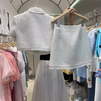 Väike Lõhnaaine Prantsuse Streetwear Tweed 2-Osaline Komplekt, Naiste Crop Top Jope Mantel + Seelik Sobib Korea Seelik Seatud Kaks Tööd Varustus