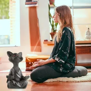 Veidrad Must Buddha Kass Figuriin Meditatsiooni Jooga Laekuva Õnnelik Kass, Decor Kunst Skulptuuride Aed Kujud Home Decor 2021