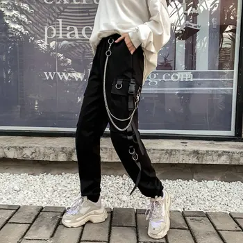 Naised Mehed Lasti Püksid Harajuku Kett Taskutega Lühikesed Püksid Kõrge Vöökoht Kett, Hip-hop, Punk Must Haaremi Püksid Streetwear