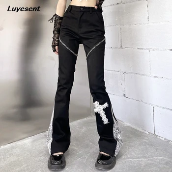 Must Gooti Lady Lahe Põletatud Pikad Püksid 2021 Suvi Sügis Valge Pits Risti Naiste Street Tume Goth Pant Harajuku Uus Streetwear