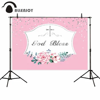 Allenjoy Lilled, Lehed Pool Kardinad Dot Nisu Kõrvad Jumal Õnnistagu Minu Esimene Püha Õhtusöömaaeg Baby Shower Taustaks Roosa Ristimine Banner