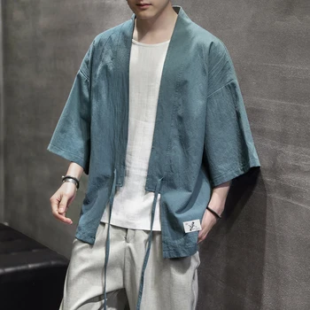 M-5XL Japanes Stiilis Meeste Särk (Solid Color Retro Hanfu Poole Varruka Pluss Suurus Mehed 2021 Vintage Püstkrae Mens Kimono Särgid 4XL