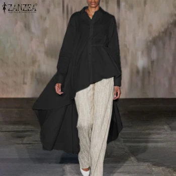Ebaregulaarne Naiste Pluus ZANZEA 2021 Sügisel Stiilne Naiste Särgid Streetwear Vabaaja Tahke Pikad Varrukad Rinnamikrofon Tops Ülegabariidiliste