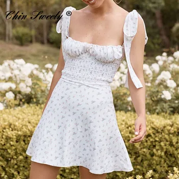 Õie Printida Ruffled Naiste Mini Kleit-line Seksikas Naine Tõsta Kleidid Vibu Kõrge Talje Kleit 2021 Suvel Backless Lady Vestidos