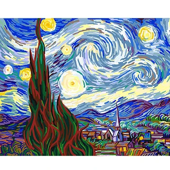 Akrüülvärv Number Komplektid Käsitöö Täiskasvanutele õlimaal Lõuendil Home Decor Pilt Tähine Öö Van Gogh Vincent
