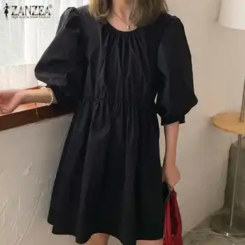 Elegantne Tahke Puhvis Varrukad Lühike Kleit Naiste Suvel Sundress ZANZEA 2021 Vabaaja Mini Vestidos Naine O Kaela Rüü