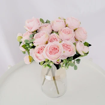 1 Kimp 9 pead tehislilled Pojeng Tee Rose Sügisel Silk Võltsitud Lilled DIY elutuba Kodu Aias Pulm Teenetemärgi