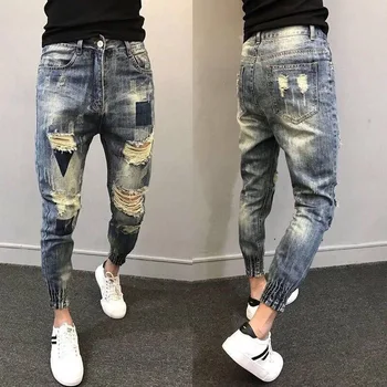 Hulgi-2020 teismelised Sotsiaalsete vaimu mees rebis püksid trendikad tiepants jalg jalga püksid pahkluu pikkusega teksad meeste slim haaremi püksid