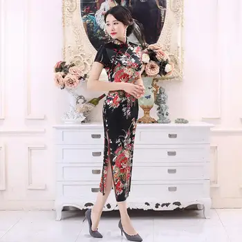 Hiina Stiilis Naine Cheongsam Kleit Flower Print Seista Krae, Lühike Varrukas Pilu Cheongsam Tikandid Elegantne Pidu Riided