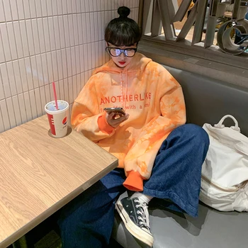 HanLadies Harajuku stiilis tie-dye plus velvet paks kapuutsiga top vabaaja oranž riided trend