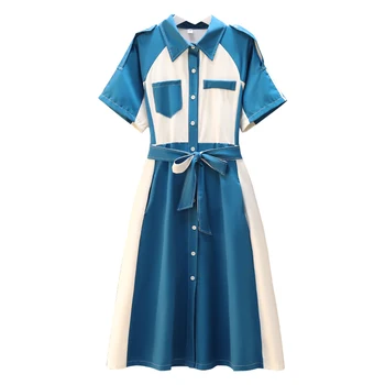4XL Pluss Suurus Naiste prantsuse Vintage Elegantne Särk Kleit Suvel 2021 Sinine Segast Valge Lahti Daamid Lühikesed Varrukad Pikad Kleidid