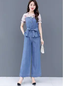 2020. aasta Suvel Moe Elegantne Daam denim ülikond Naiste lühikese Varrukaga topid pluus + lai jalg püksid Püksid Kahe Töö komplekti
