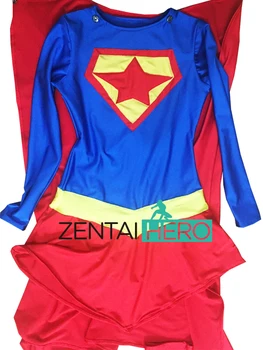 Uute tulijate Naiste Spandex Bodysuits Seksikas Sinine Supergirl Lady Super Kangelane Zentai Catsuit Lycra Filmi Kostüüm Leotard Koos Cabo