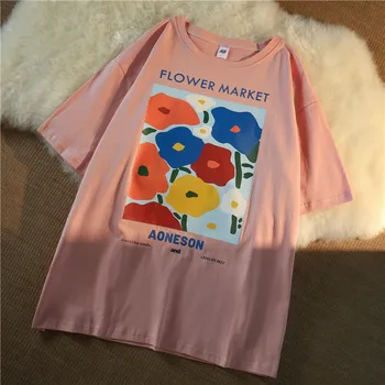 Naiste T-särgid Harajuku Tüdrukud Pluss Suurus Tops Flower Print O-kaeluse Lühikesed Varrukad Lahtised Suvel Tshirt Roosa Valge Tees Mõõdus