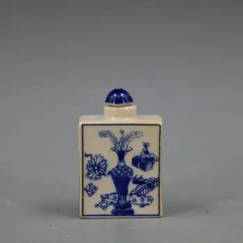 Antiikne portselan, sinine ja valge antiikse mustriga nuusktubakas pudel