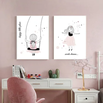 Multikas, Väike Tüdruk Hoos Tuvi Seelik Tähed Seina Art Lõuend Maali Nordic Plakatid Ja Pildid Seina Pilte Kids Room Decor