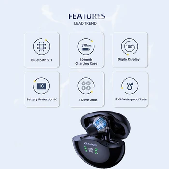 Awei TWS T12P Dual Dünaamiline Juhi Earbuds Bluetooth-5.1-Vabad Sügav Bass Touch Control Pool In-Ear Koos Mikrofon Telefon