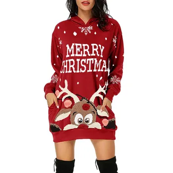 Naiste Jõulud Prindi Hupparit Kleit Harajuku Streetwear Põder Trükitud Pullover Mini Kleidid Daamid Talve Poole Dressipluus Moletom