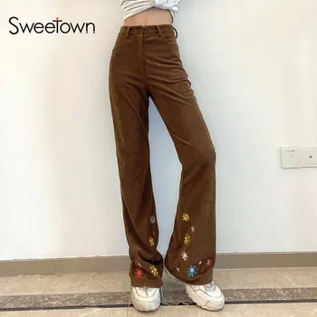 Sweetown Pruun Velvetist Joggers Naiste Vintage Rõivad Y2K Esteetiline Õie Streetwear Põletatud Püksid Naiste Madal Vöökoht Püksid