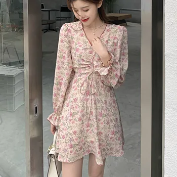Suvel Sifonki Vintage Õie Boho Beach Kleit Elegantne Naiste Poole Mini Kleit Emane prantsuse V-kaeluse Vabaaja Puhkus korea Kleit