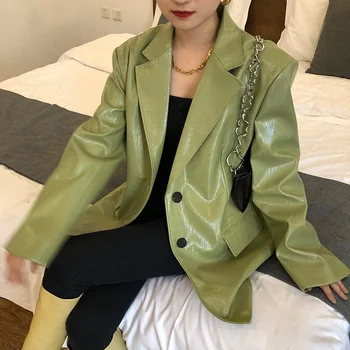 Pu Faux Nahast Mantel Naistele 2021 Korea Loose Fit Rinnamikrofon Y2k Roheline Pikad Varrukad Riided Stiilne Vintage Naine Outwear Jope