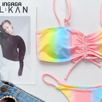 INGAGA Micro Bikinis Thong Naiste Ujumistrikood Kõrge Lõigatud Supelrõivad Lipsu Värvi trikoo 2021 Ruched Biquini Push Up Bikinis Komplekt