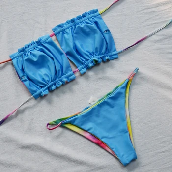 Seotud Kuiva Naiste Ujumistrikoo Smocked Bandeau Push-Up Bikiinid Komplekti 2021 Uus Seksikas Madal Vöökoht Kõrge Jalg Thong Naiste Ujumisriided, Bikiinid,