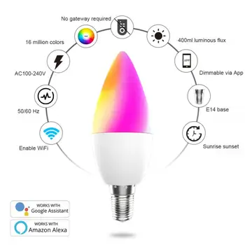 Tuya WiFi Smart Lamp E14 RGB Juhitava Pirn Amazon Alexa Google ' i Kodu kaugjuhtimine