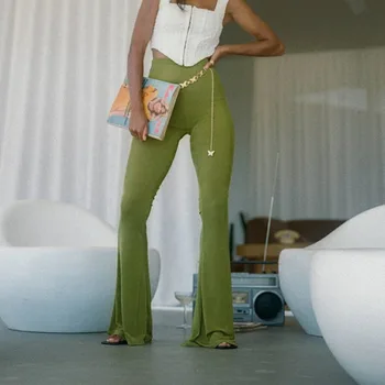 Naiste Klubi Roheline Vabaaja Pikk Bodycon Püksid 2021 Vintage Seksikas Fitness Kõrge Vöökoht Põletatud Pant Naiste Püksid Alt Streetwear