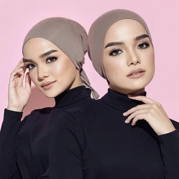 2021 Moe-Modal Moslemi Sisemine Hijab Ühise Põllumajanduspoliitika Stretch Naiste Underscarf Kapoti Värviga Islami Turban Peapael Müts Reguleeritav