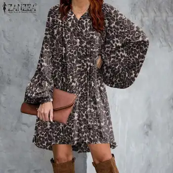 ZANZEA 2021 Kevadel Print Särk Kleit Stiilne Naiste Leopardi SundressPuff Varrukas Lühike Vestidos Naine Rüü Femme