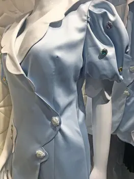 2021 Magus Diamond Sinine Kleit Naistele Rinnamikrofon Puhvis Lühikesed Varrukad Kõrge Vöökoht Korea Segast Mini Kleidid Naiste Suve Mood