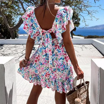 Vintage Õie Printida Elegantne Naiste Mini Kleit 2021 Suvel Seksikas Backless Pits-up Ruffle Kleit Juhuslik Lady Beach Kleidid Puhkus