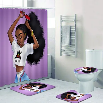 4TK Vannitoa Komplekt Dušš Kardin Aafrika Ameerika Tüdruk Dušš Kardin Vann Vaipa Set Wc Kaas Vann Matt Afro Kunsti Decor