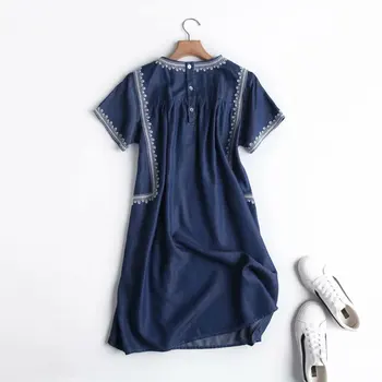 Tikandid suvel denim naiste kleit o kaela pehmed Teksad, kleidid vabaaja lühikeste varrukatega sinine casual kleit puuvill