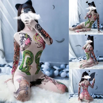 Naiste Erootilised Pikad Varrukad Semi-Sheer Bodystockings Seksikas Täis Tätoveering Katvus Bodysuit Catsuit Avatud Jalgevahe Retuusid Pesu