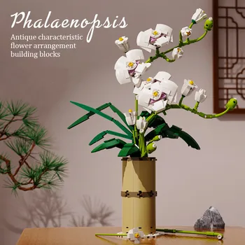 Pakendada Phalaenopsis bouque Pottidesse Punase Ploomi Õitsevad Lilled ehitusplokid Kimp Koos Vaas Tellised Mänguasjad Kingitus Home Decor