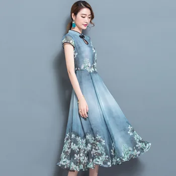 Hiina Traditsiooniline Daamid Trükitud Pikk Qipao Vintage Pluss Suurus Naiste Kleidid Sifonki Cheongsam Kleit Vestidos De Fiesta Z065