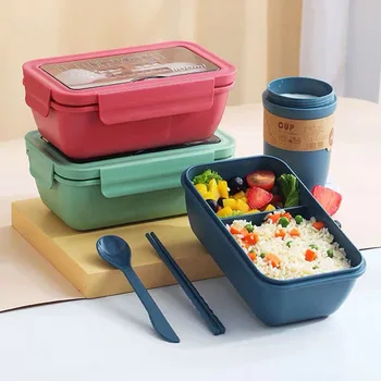 1100ml Kaasaskantav Lunch Box Terve Materjali Ladustamine Toidu Mikrolaineahi Koos Dinnerware Konteiner Lekkekindlad Õpilane Õled Lõuna-Box