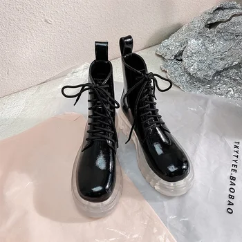 SKLFGXZY Uus stiil naturaalsest nahast Naiste saapad Martin saapad Euroopa brändid Läbipaistev tald pits-up Naiste kingad