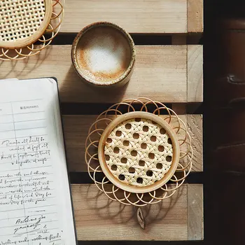 Jaapani Stiilis Bambusest Punutud Taldrik Käsitsi Valmistatud Bambusest Diplomeeritud Kohvi Tassi Omaniku Pot Pad Rotangist Tee Mat