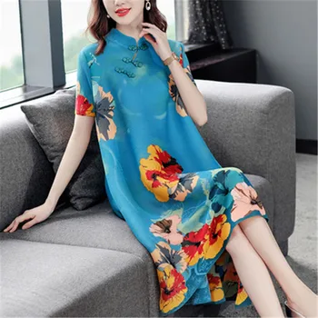 Miyake kevadel ja suvel uus kleit naine 2021 Hiina stiilis temperament plaadile printimise nupp lahti ja õhuke keskmise pikkusega kleit